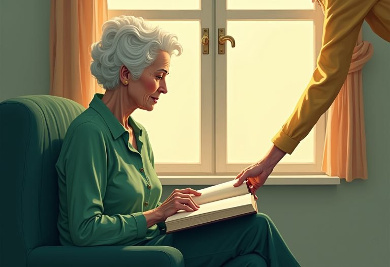 An older woman sitting with a book, looking toward a window or out into distance, suggesting memory and reflection. TITLE