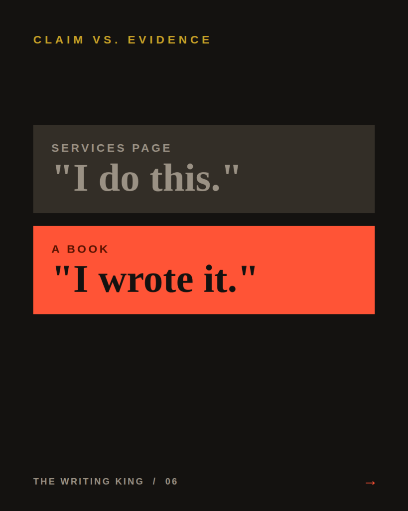 A services page is a claim, a book is evidence an answer engine can cite