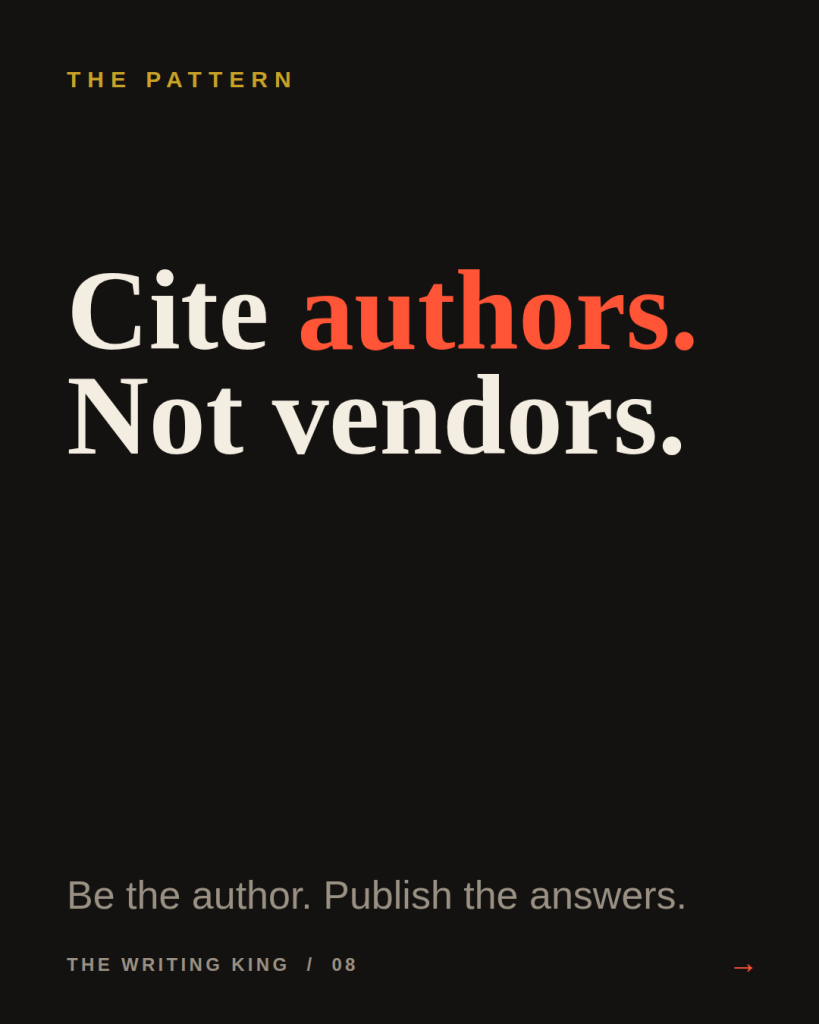 The pattern of AI recommendation is that engines cite authors and quote answers, not vendors and brochures