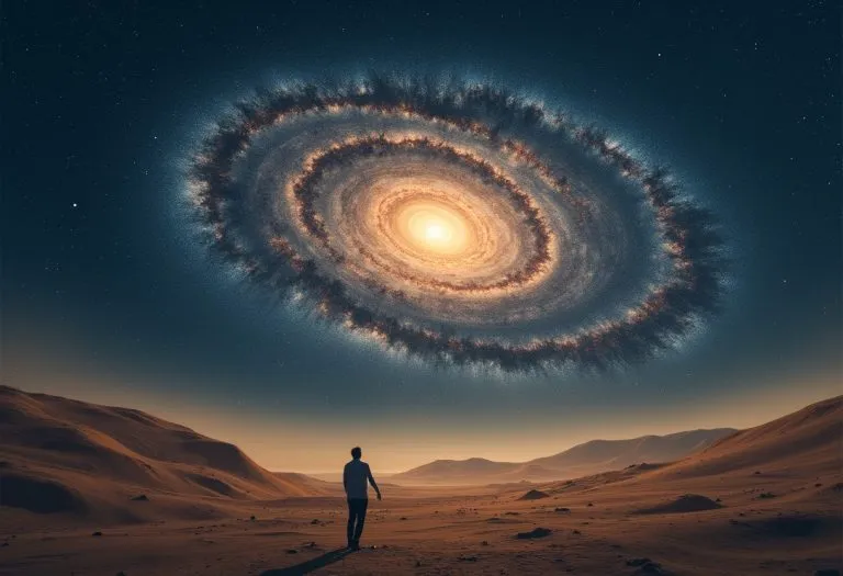 A vast cosmic landscape showing distant stars and galaxies spanning millions of light-years, emphasizing the immense scales