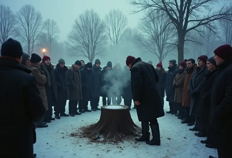 A groundhog stands on snow or dirt in front of a crowd, casting a shadow on Groundhog Day.