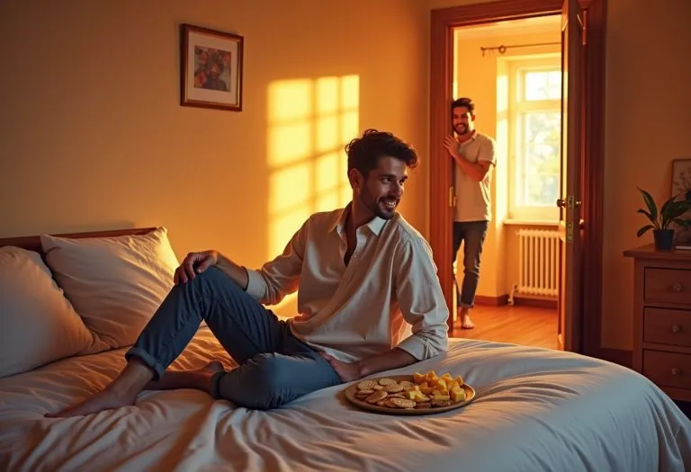 A person sitting alone on a bed in a bedroom, looking stressed or overwhelmed while a party continues elsewhere in the