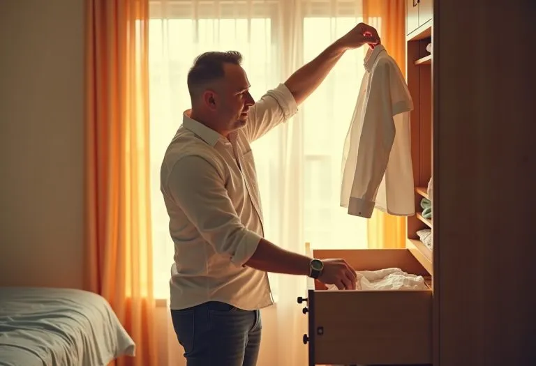 A worn shirt hanging in a drawer, worn and faded, sitting among other clothes.
