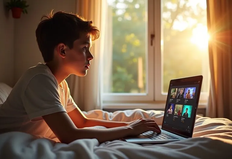 A person sitting in front of a glowing computer screen, surrounded by the blue light of YouTube or social media feeds.