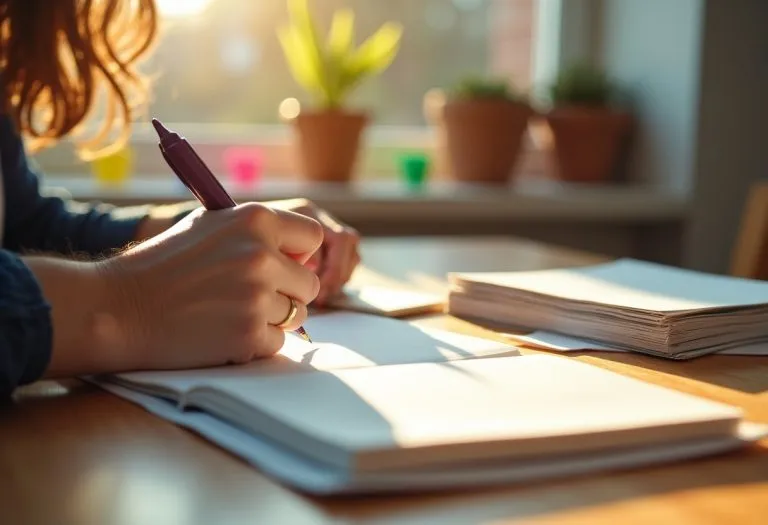 A desk with a laptop and scattered papers, showing notes and drafts in various stages of editing and organization. TITLE