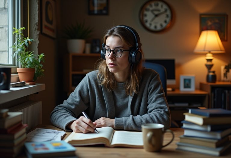 A writer sits at a desk surrounded by quirky objects like candles, notebooks, and coffee, representing personal writing
