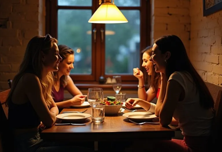 Four women sit at a table in a Greek restaurant, talking over wine and food, their faces animated in conversation. TITLE