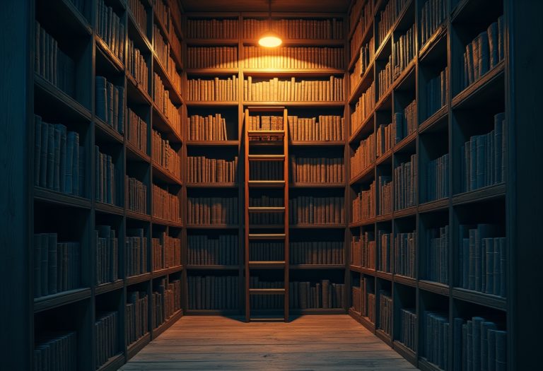 A library shelf or collection of books organized by category, representing Richard Lowe's 73 published titles across fiction