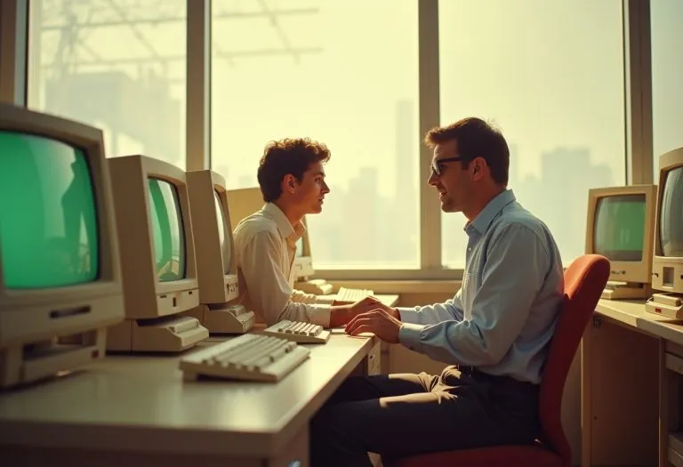 A manager at a desk observing an employee working nearby, representing the challenge of delegation and oversight. TITLE