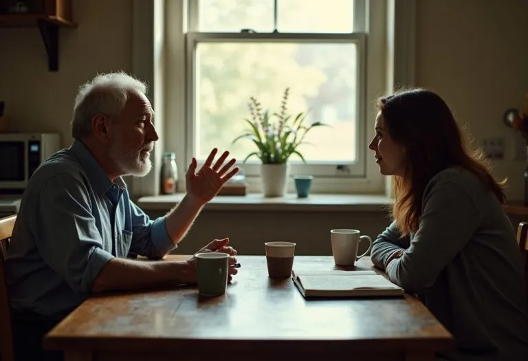 An older person sitting with a younger person, recording or listening to their story during a conversation. TITLE