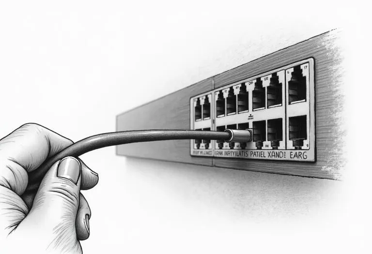 A technician examining network cables and connectors in a server rack or data center equipment.