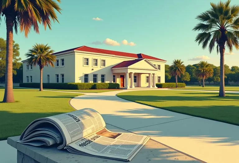 A brick building on a tree-lined street in St. Petersburg, Florida, home to the Poynter Institute and the Tampa Bay Times