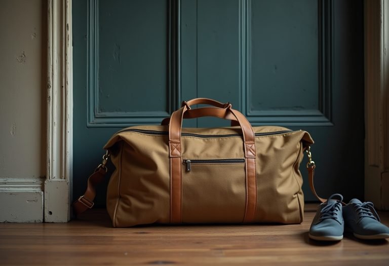 A person with a backpack stands ready outdoors, calm and focused, prepared for an emergency without appearing anxious or