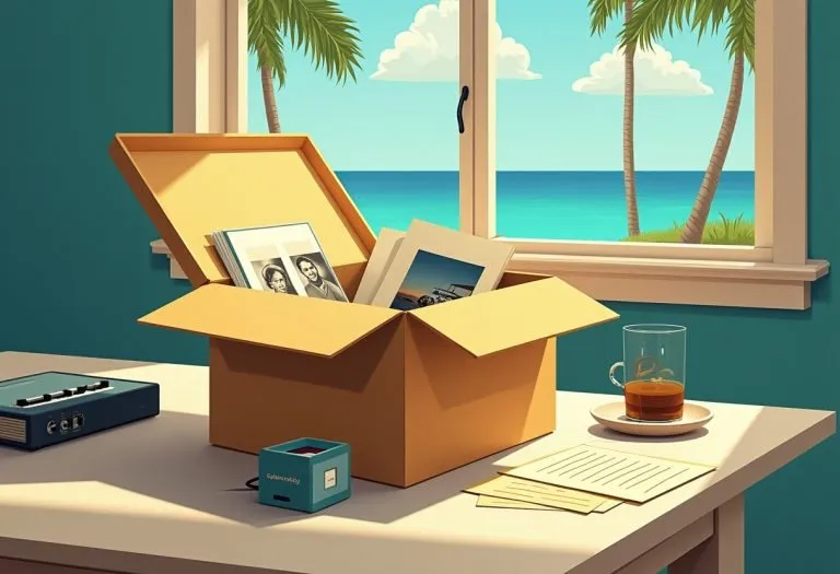 Retired person sitting at a table with old photographs, letters, and memorabilia spread out in front of them, preparing to
