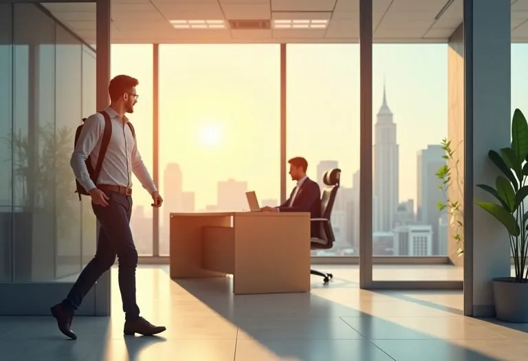 Person sitting at a desk with a concerned expression, while a shadowy figure looms in the background representing an