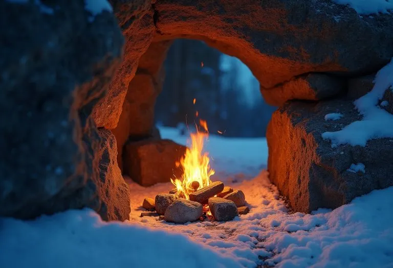 Ancient landscape shrouded in volcanic ash and darkness, with ice and snow covering barren terrain under a dim sky.