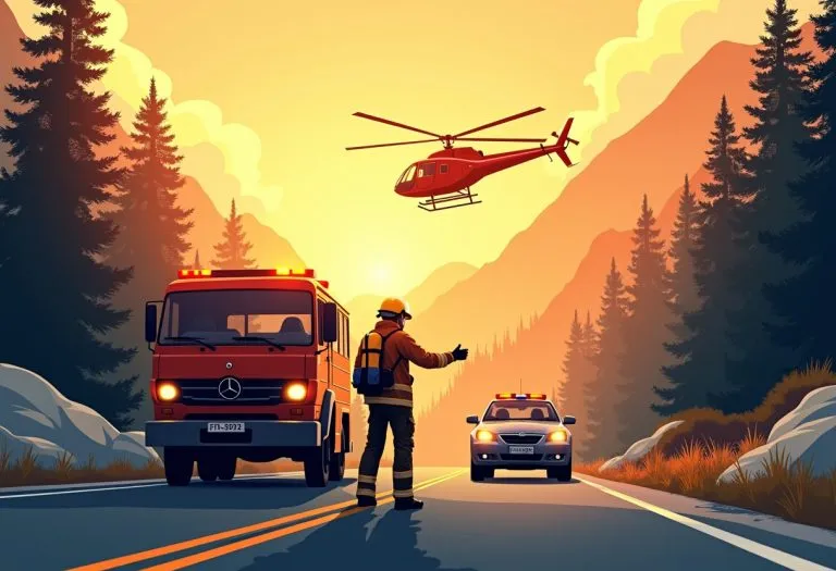 A car on a mountain road with forest fires burning on both sides, flames visible through the trees.