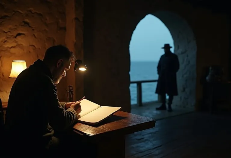 A leather-bound journal lies open on a wooden desk, pages filled with handwritten notes beside a published book. TITLE