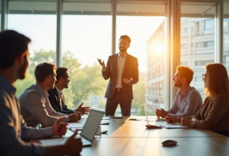 Person sitting at desk looking uncertain, hand raised slightly, with colleagues visible in background during a meeting.