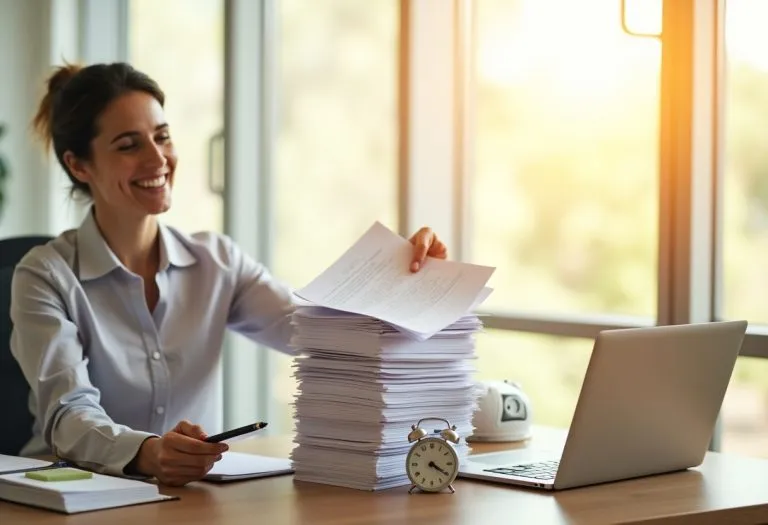 A person reviewing a stack of resumes at a desk, deciding which ones to read further. TITLE: Hiring manager reviewing resumes