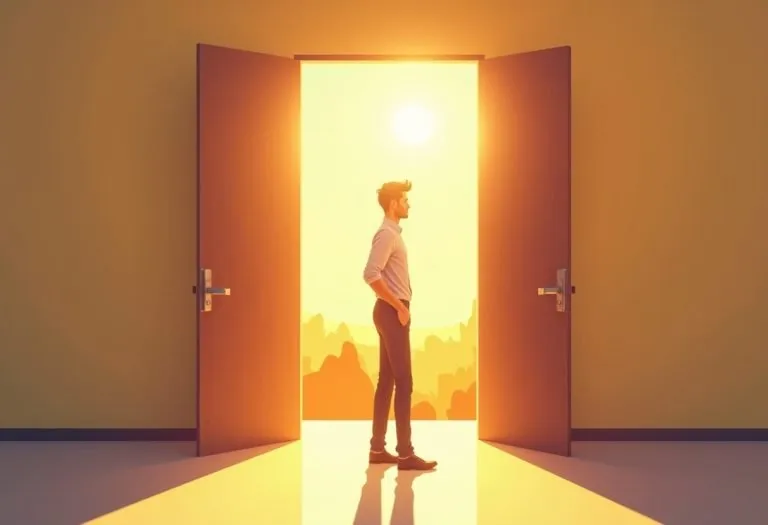 A person sitting motionless inside a box with an open door visible beside them, showing the moment of recognizing an
