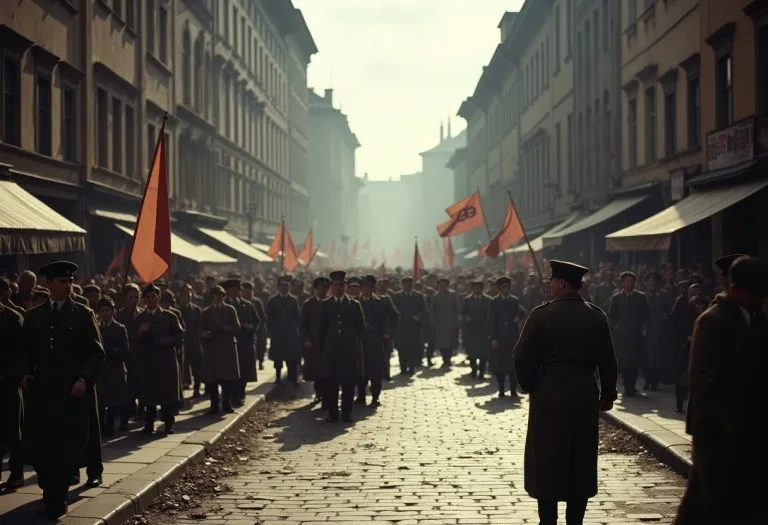 Crowds celebrating in a city street on VE Day, 8 May 1945, with people gathered to mark Germany's surrender in Europe.