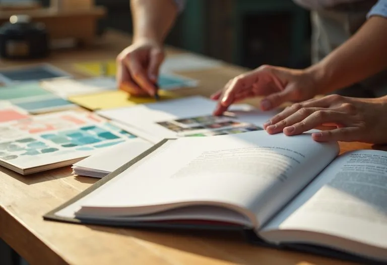 A stack of books with visible production elements like a cover design, interior pages, and printed proofs arranged to show