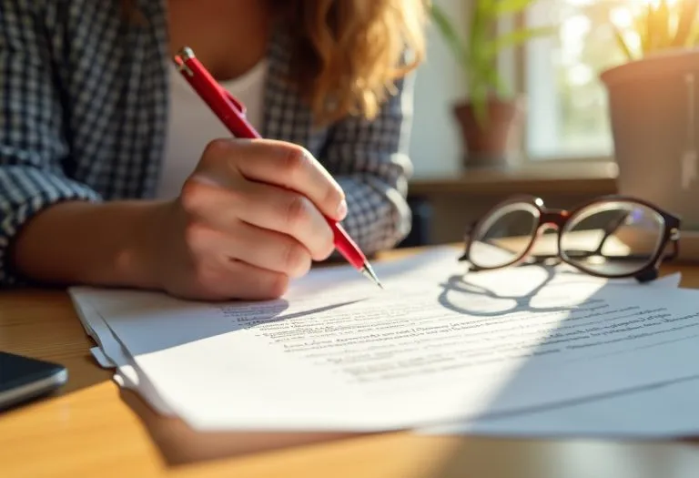 A writer's hand holding a pen over a page, with crossed-out sentences and revisions visible, showing the editing process of
