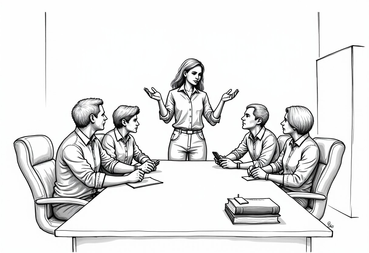 A meeting room mid-discussion. A woman stands at the head of the table making a point with both hands