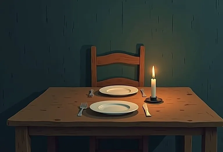 A dimly lit interior space with shadows and soft light, suggesting absence or loss.