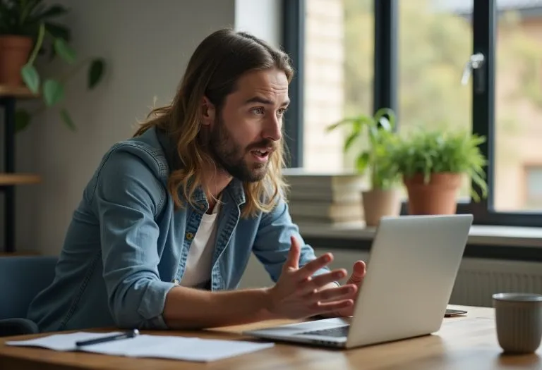 A writer at a desk looking at their computer, surrounded by coffee and notes, with a frustrated or contemplative expression.