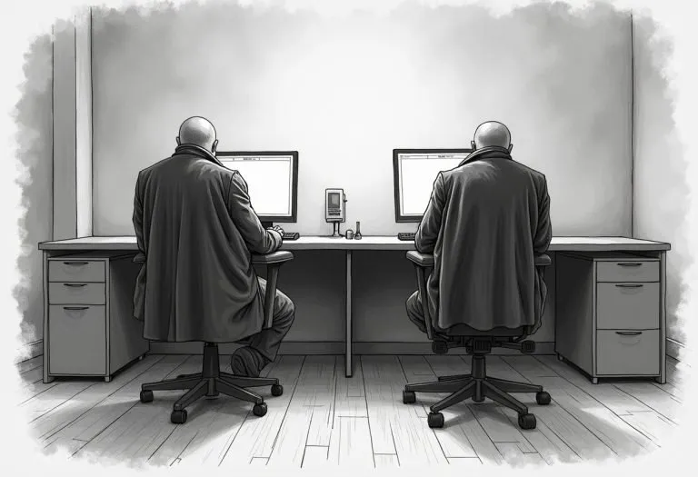 Two engineers working at computers, focused on their screens, with papers and notes scattered on the desk between them.