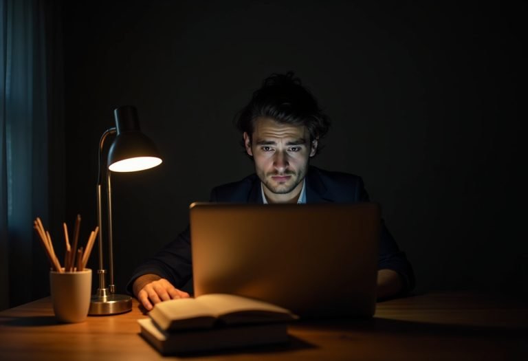 A writer sits at a desk, staring at their laptop screen with a pensive or troubled expression, hands paused over the