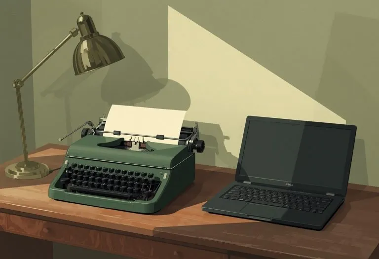 Illustration of a manual typewriter beside a closed dark laptop, for AI Detectors and Escapes
