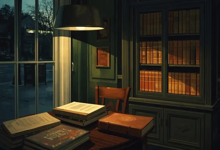 Illustration of an evening bookshop with a case of rare bindings, for Back in the Day Books in Dunedin, Florida