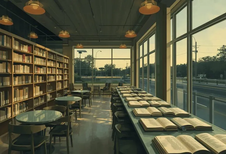Illustration of a large general bookstore interior at dusk, for Barnes & Noble in Clearwater, Florida