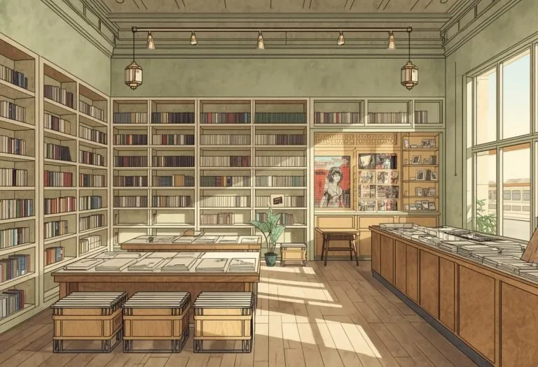 Illustration of a new bookstore interior with vinyl crates, for Barnes & Noble in Palm Harbor, Florida