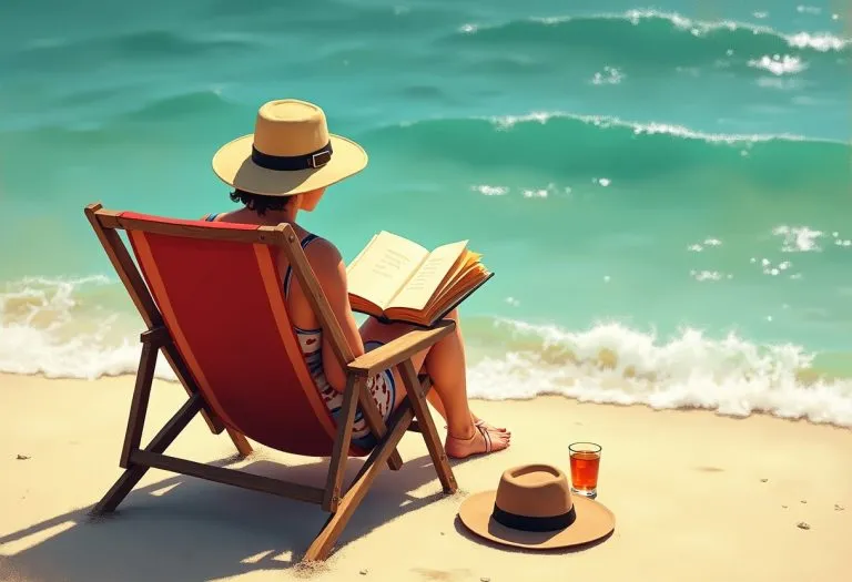 A person reading a book while sitting in a beach chair under an umbrella, with ocean and sand visible in the background.