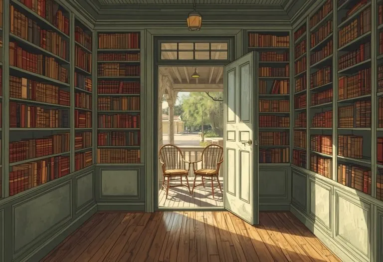 Illustration of a small bookshop with hardwood floors, for Bitter End Books in Ozona, Florida
