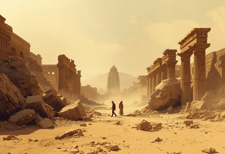 Dwayne Johnson as Black Adam stands in a grey, rubble-filled environment, wearing his superhero costume. TITLE: Black Adam