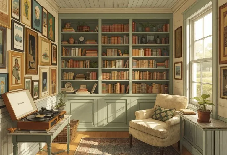 Illustration of a small bookshop room with art on the walls, for Black English Bookstore in Tampa, Florida