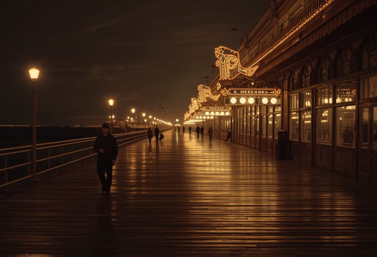 Steve Buscemi as Nucky Thompson stands in a suit on the Atlantic City boardwalk during Prohibition.