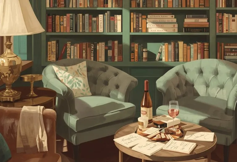 Illustration of a lounge bookshop with armchairs and games, for The Book Lounge in St. Petersburg, Florida