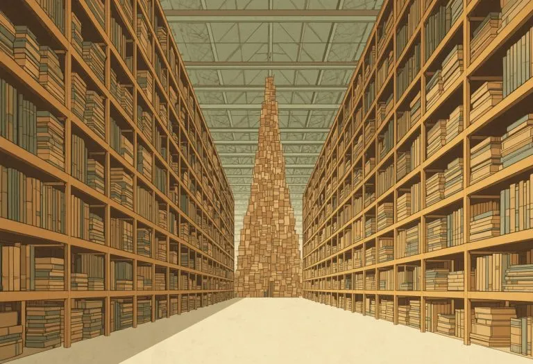Illustration of a warehouse aisle of used book shelving, for The Book Rescuers in Largo, Florida