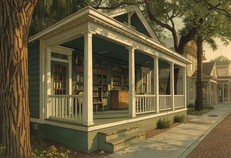 Illustration of a century-old bungalow converted to a bookshop, for Bookends: Literature & Libations in Ybor City, Florida