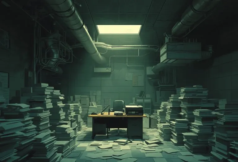 Jonathan Pryce as Sam Lowry in a cluttered retro-futuristic office surrounded by pipes and bureaucratic machinery.