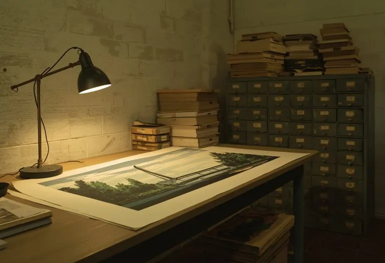 Illustration of a panoramic print laid flat under lamplight, for The Burgert Brothers Archive, Tampa Bay, Florida