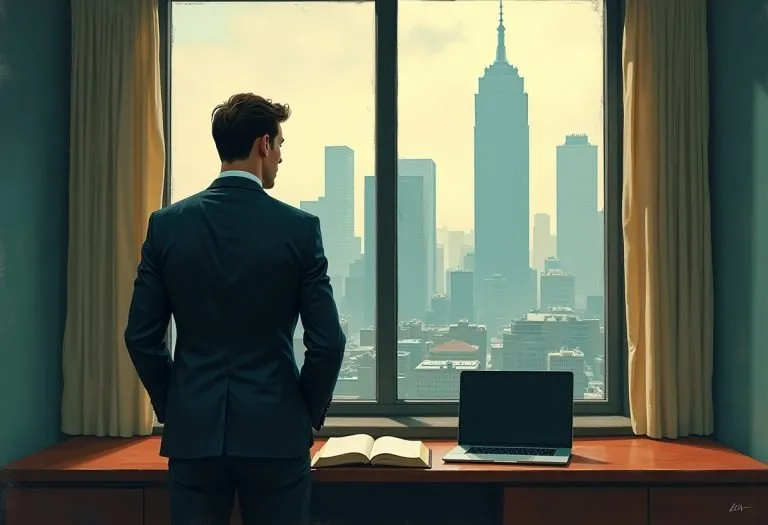 An executive sits at a desk with a laptop and notebook, considering whether to write a business book.