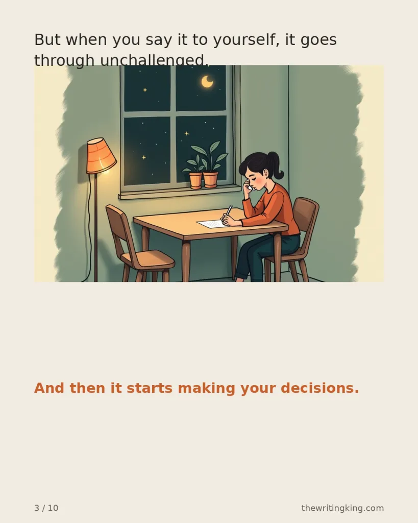 But when you say it to yourself, it goes through unchallenged. And then it starts making your decisions.