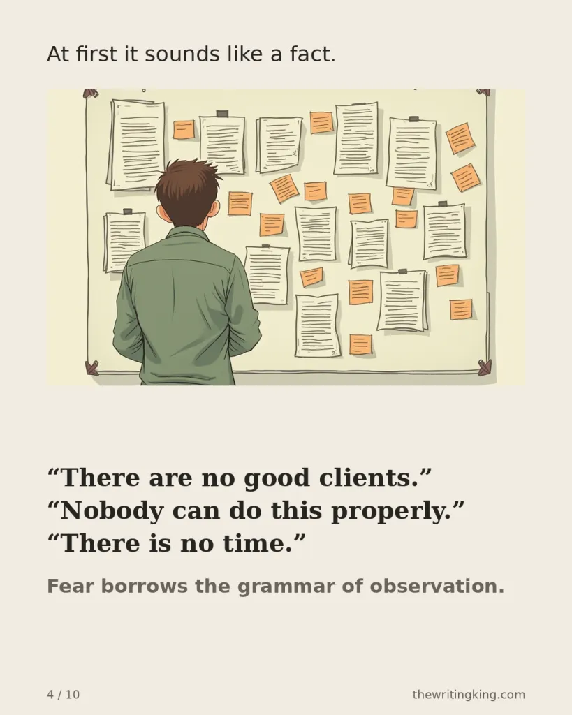 At first it sounds like a fact. “There are no good clients.” “Nobody can do this properly.” “There is no time.” Fear borrows the grammar of observation.